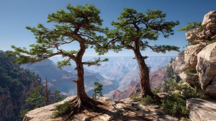 Grand Canyon vista with two pine trees