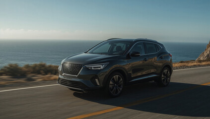 Fototapeta premium Gray SUV on Coastal Sunset Highway