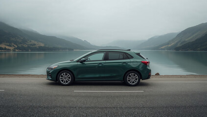 Naklejka premium Green Hatchback Near Lake and Mountains