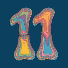 Psychedelic number 11 with swirl and vibrant colors on deep blue background