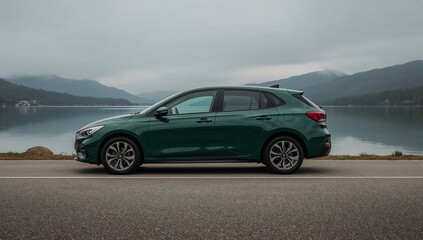 Fototapeta premium Green Hatchback Near Lake and Mountains