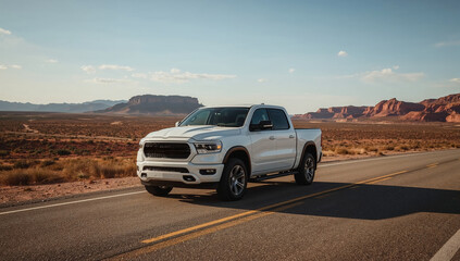 White Pickup Truck in Desert Highway