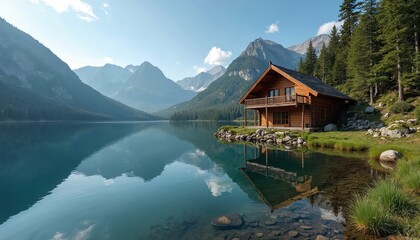 Fototapeta premium Wooden cabin on mountain lake reflects in water. Summer vacation, travel destination with forest trees, blue sky. Peaceful, tranquil environment for health spa resort in nature.