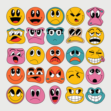 Naklejki Retro vector sticker set of groovy smiley faces and psychedelic emoji expressions – Great for social media graphics, sticker packs, or playful merchandise