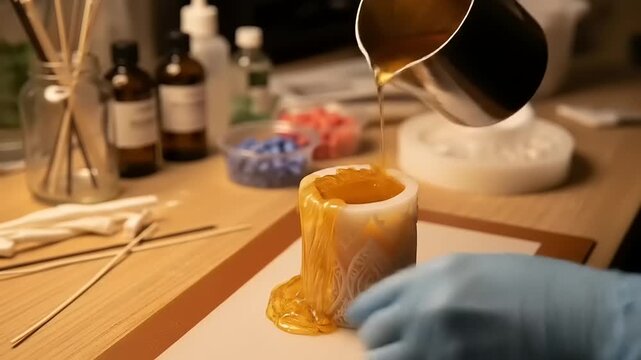 Candle-making process with a person pouring wax into a mold, surrounded by crafting supplies and tools