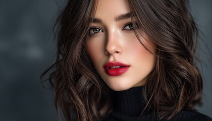 beautiful woman in a black coat posing, with red lipstick and dark brown hair.