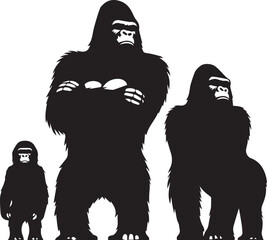 Gorilla Family Silhouette Vector – Black and White Wildlife Illustration of Parent and Baby Apes