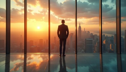Businessman standing front of window office, gazing at city skyline at sunset. Corporate executive, thoughtful expression, contemplating business strategy, urban background. Success, leadership,