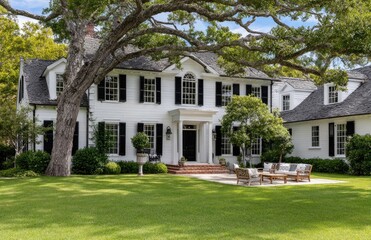 Obraz premium a large, white house with black shutters surrounded by lush, green grass and trees in the front yard