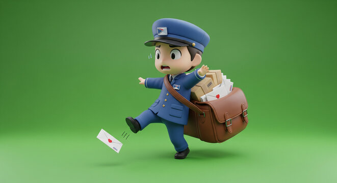 Animated postman in a comical predicament losing an important letter while delivering mail