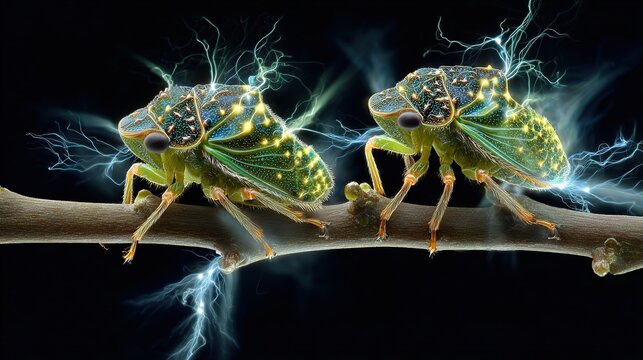 Fantastically shaped treehoppers with electrical charge visualizations surrounding their uniquely evolved bodies
