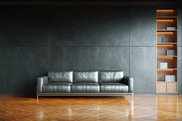 Modern living room with dark gray wall and wooden bookcase.