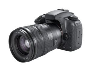 Professional dslr camera with a wide angle lens on a black background