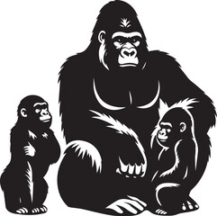 Fototapeta premium Gorilla Family Silhouette Vector – Black and White Wildlife Illustration of Parent and Baby Apes