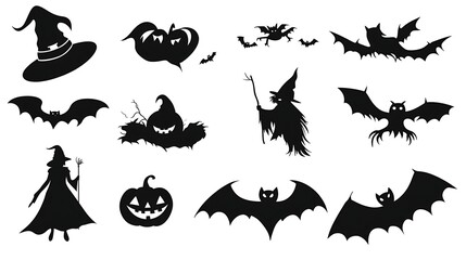 Naklejka premium Halloween black silhouette vector icons featuring witches bats and pumpkins isolated on white
