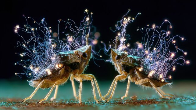 Fantastically shaped treehoppers with electrical charge visualizations surrounding their uniquely evolved bodies