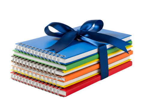 A vibrant stack of colorful notebooks and binders neatly tied with a bright red ribbon, symbolizing a thoughtful gift of organized learning materials for education