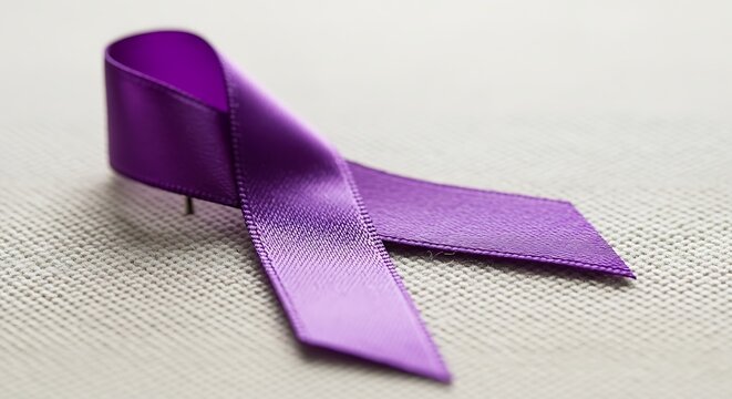 Close-up of a purple satin awareness ribbon, a powerful symbol of support, solidarity, and hope for various health and social causes