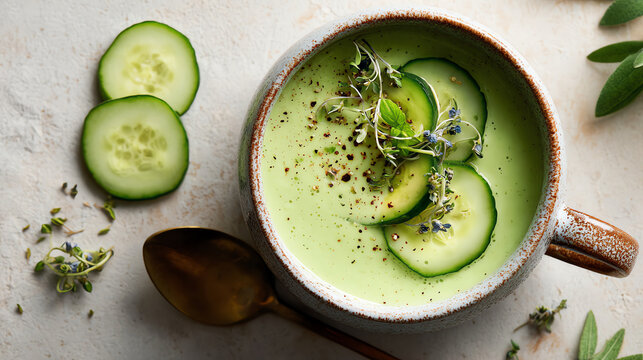 Fresh cucumber soup garnished with herbs, showcasing a healthy and vibrant dish perfect for summer meals.