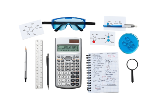 Flat lay of essential academic and office supplies calculator, ruler, pencils, grid notebook, and safety glasses on white, for study, precision, and safety