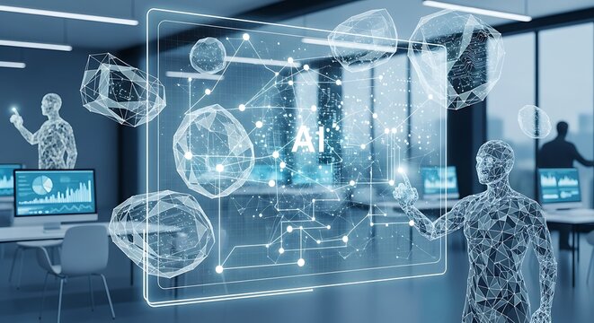 Futuristic AI Office with Data Network and Humanoid Figures.