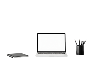Minimalist home office setup with modern black desk, silver laptop, and open notebook for productive remote work or focused study
