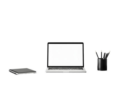 Minimalist home office setup with modern black desk, silver laptop, and open notebook for productive remote work or focused study