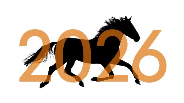 Silhouette of a black horse running in front of large orange numbers 2026 isolated on white background