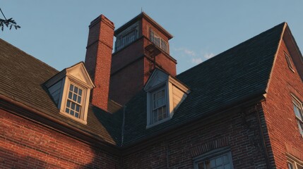 Obraz premium Brick house roof and towers, sunlit