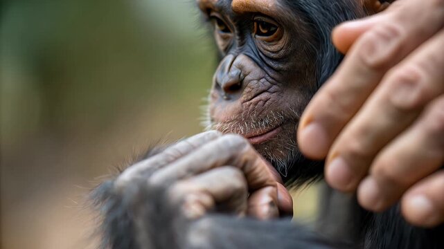 Close up of chimpanzee and human hand touching skin showing primate connection and gentle care expressing close bond between species natural