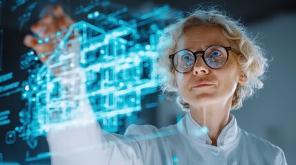 A focused professional interacts with a holographic architectural design, showcasing innovation and technology in modern engineering.