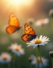 Obraz premium Abstract illustration of spring field with fresh white daisies, vibrant orange, black butterflies in mid-flight. One butterfly leads, wings spread wide, follows, wings folded. Sun shines bright in