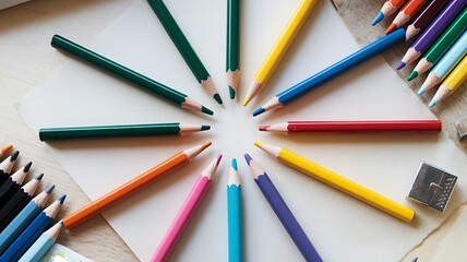 Naklejka premium Colorful Pencils Arranged in a Frame on White Wooden Background