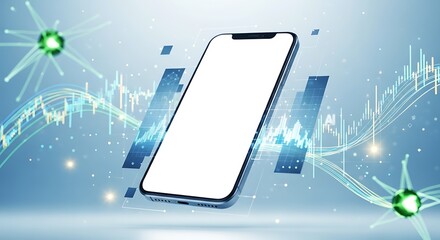 Modern smartphone with a blank white screen, surrounded by abstract digital data graphs and futuristic network elements.