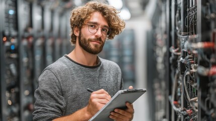 A man is inspecting server equipment in a data center, taking notes on a clipboard while surrounded by racks of servers.