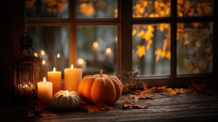 Halloween pumpkins and flickering candles arranged on a wooden table, with autumn leaves outside the window, creating a cozy, festive atmosphere for seasonal celebrations.