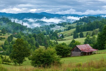 Obraz premium A picturesque valley scene with a rustic barn nestled among rolling hills.