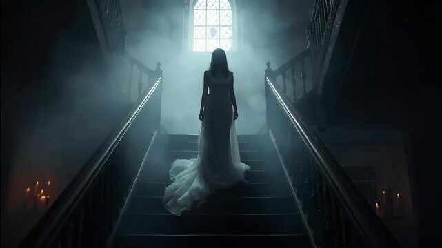 Mysterious woman in long flowing gown standing on gothic staircase in eerie haunted mansion with fog, candlelight, and dramatic moody lighting, dark fantasy horror concept
