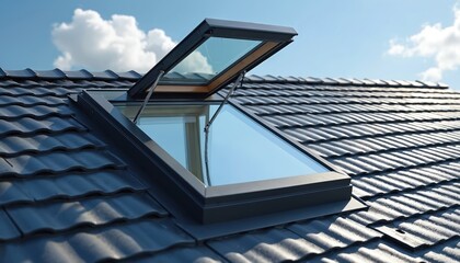 Black roof with gray shingled pattern features small window with white frame and black trim. Allows glimpse of clear blue sky with fluffy white clouds.
