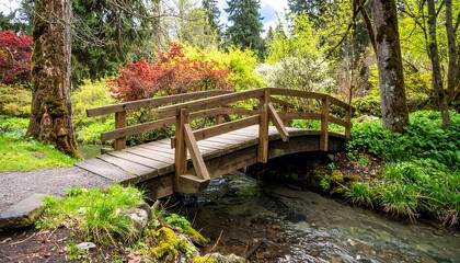 Fototapeta premium A wooden footbridge spans a gentle stream, framed by vibrant spring foliage and lush greenery, creating a serene and peaceful scene.
