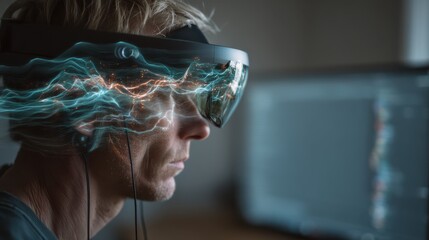 A person wearing advanced VR goggles, immersed in a digital environment with vibrant, flowing graphics representing technology and innovation.