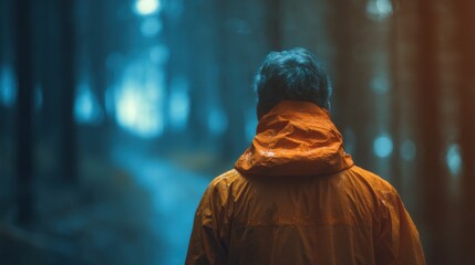 A person in an orange rain jacket stands in a misty forest, facing away from the camera along a winding path surrounded by tall trees.