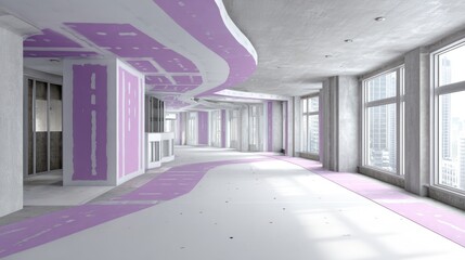 Empty, modern interior under construction, with light gray walls, large windows, and pale purple drywall