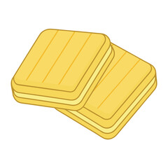 Two yellow rectangular biscuits with golden brown stripes on white background cookie