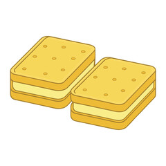 Two yellow sandwich cookies with cream filling and holes on white background vector