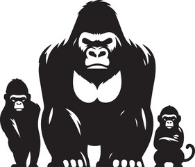 Gorilla Family Silhouette Vector – Black and White Wildlife Illustration of Parent and Baby Apes