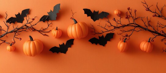 Festive Halloween scene featuring pumpkins, bats, and branches on an orange banner, perfect for adding text or messages. Flat lay of colorful party decorations.