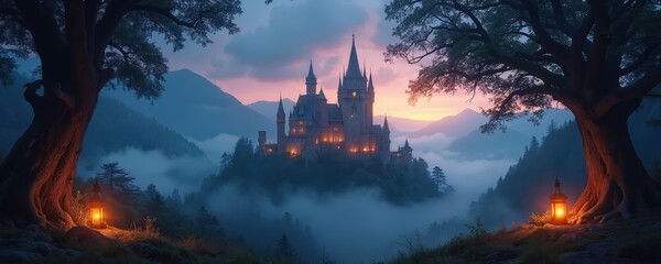 Ancient castle stands majestically in rich green forest. Towering spires, turrets surrounded by trees, bushes. Castle situated on hill with panoramic view of landscape. Green plants, clear blue sky