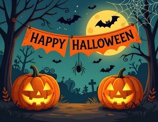 Happy Halloween Banner with Glowing Jack-o'-Lanterns, Flying Bats, Spider Web, and Full Moon &ndash; Spooky Forest Scene, Cartoon Style, Holiday Decoration, Digital Illustration, Festive Background