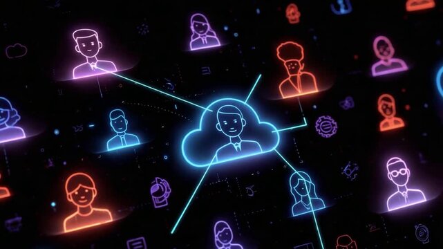 Digital Social Network: A vibrant digital art piece depicts interconnected people icons forming a social network, centered around a cloud symbol. Each avatar glows in vivid neon colors. - Powered by Adobe